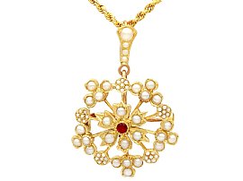 Ruby and Seed Pearl, 15ct Yellow Gold Pendant / Brooch - Antique Circa 1920