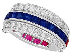 0.90ct Ruby, 0.90ct Sapphire and 0.80ct Diamond, Platinum Bilateral Ring - Vintage French Circa 1940