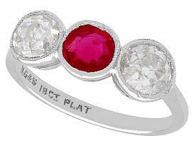 0.62ct Ruby and 1.40ct Diamond, 18ct White Gold Trilogy Ring - Antique