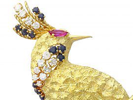 close up Gold Peacock Brooch with Gemstones