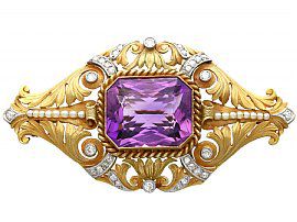 26.32ct Amethyst, 1.02ct Diamond and Seed Pearl and 18ct Yellow Gold  Brooch - Antique Victorian Circa 1880