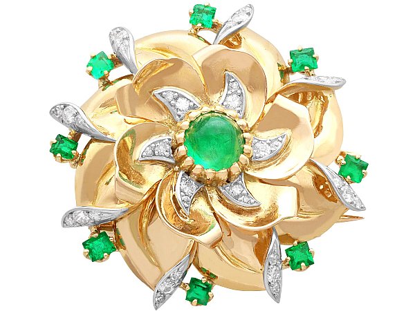 Yellow Gold Diamond Emerald Brooch