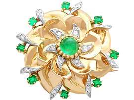 1.70ct Emerald and 0.39ct Diamond, 18ct Yellow Gold Brooch - Vintage French Circa 1940