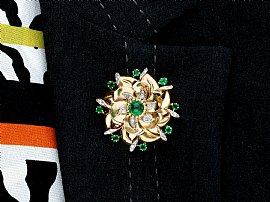 Wearing Image for Yellow Gold Diamond Emerald Brooch