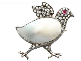 Blister Pearl, Ruby and 0.33ct Diamond, 9ct Yellow Gold Chick Brooch - Antique Victorian Circa 1890