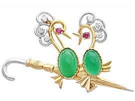 2.71ct Chrysoprase, 0.42ct Diamond and Ruby, 18ct Yellow Gold Brooch - Vintage French Circa 1960