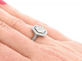 Hexagon Halo Diamond Engagement Ring on Finger