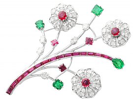 4.45ct Thai Ruby, 1.90ct Zambian Emerald and 3.85 ct Diamond, Platinum and White Gold Spray Brooch - Antique Circa 1935