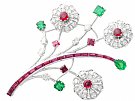 4.45 ct Thai Ruby, 1.90 ct Zambian Emerald  and 3.85 ct Diamond, Platinum and White Gold Spray Brooch - Antique Circa 1935
