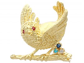 Ruby, Sapphire, Turquoise and Diamond, 18 ct Yellow Gold Bird Brooch - Vintage 1971