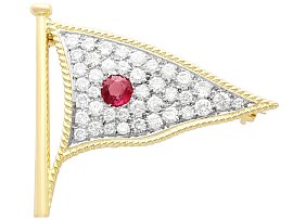 1.65ct Diamond and 0.48ct Ruby, 18ct Yellow Gold Flag Brooch - Vintage Circa 1945