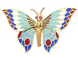 Plique-a-Jour and Ruby, 18ct Yellow Gold Butterfly Brooch - Vintage Spanish Circa 1970