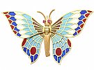 Plique-a-Jour and Ruby, 18ct Yellow Gold Butterfly Brooch - Vintage Spanish Circa 1970