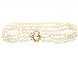 Triple Strand Cultured Pearl Choker and 9ct Yellow Gold Cameo Clasp - Vintage Circa 1970