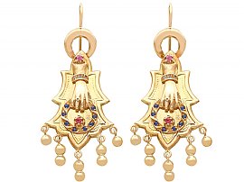 0.35ct Sapphire and 0.27ct Ruby, 14 ct Yellow Gold Earrings - Antique Circa 1880