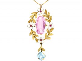 8.84ct Pink Topaz, 1.80ct Aquamarine, 0.10ct Ruby and Enamel, 15ct Yellow Gold Pendant - Antique Circa 1910