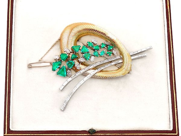 Boxed Emerald and Diamond Brooch