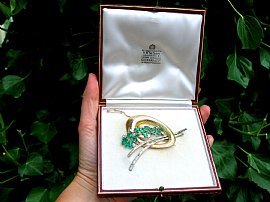 Boxed Emerald and Diamond Brooch