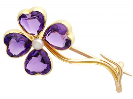 4.25ct Amethyst and Pearl, 15 ct Yellow Gold Four-Leaf Clover Brooch - Antique Circa 1880