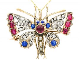 Pearl, Sapphire, Ruby and Diamond, 9ct Yellow Gold Butterfly Pendant/Brooch - Antique Circa 1880