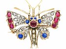Pearl, Sapphire, Ruby and Diamond, 9 ct Yellow Gold Butterfly Pendant/Brooch - Antique Circa 1880
