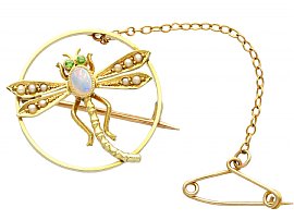 0.20ct Opal and Pearl, Peridot and 15ct Yellow Gold Dragonfly Brooch - Antique Circa 1895