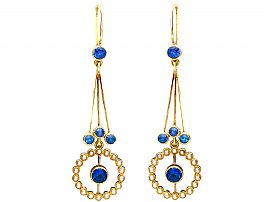 2.02ct Sapphire and Seed Pearl, 15ct Yellow Gold Drop Earrings - Antique Circa 1910