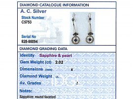 Antique Sapphire and Pearl Earrings grading card