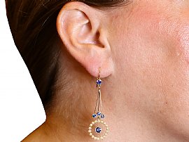 Antique Sapphire and Pearl Earrings wearing 