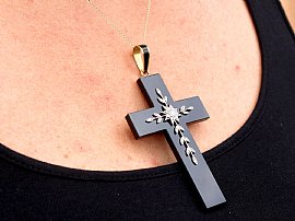 Onyx and Diamond Cross Pendant Necklace