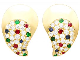 1.97ct Diamond, 0.30ct Ruby, 0.25ct Emerald and 0.19ct Sapphire, 18ct Yellow Gold Earrings - Vintage French Circa 1980
