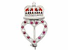 0.22ct Ruby and 0.30ct Diamond, Enamel and 9 ct White Gold Brooch - Vintage 1955