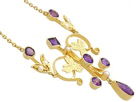 Amethyst and Yellow Gold Seed Pearl Necklace