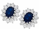 3.55ct Sapphire and 1.05ct Diamond, 14ct White Gold Cluster Earrings - Vintage Circa 1970