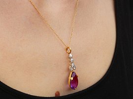 Pear Cut Amethyst Pendant with Diamonds Wearing Image