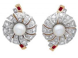 Cultured Pearl, 1.36ct Diamond and Synthetic Ruby, 18ct Yellow Gold Stud Earrings - Vintage Circa 1940