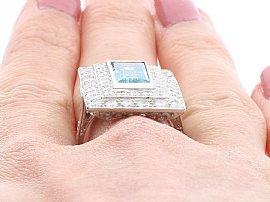 Aquamarine and Diamond Ring on Finger