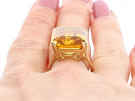 Emerald Cut Citrine Ring Yellow Gold Wearing Close Up 