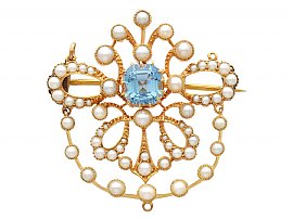 Aquamarine Pearl and Gold Brooch