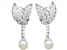 2.60ct Diamond and Pearl, Platinum Drop Earrings - Vintage Circa 1950
