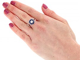 1970s Sapphire and Diamond Cluster Ring Wearing Image