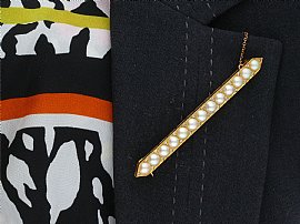 Yellow Gold Pearl and Diamond Bar Brooch Wearing Image