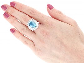 Oval Cut Aquamarine Ring with Diamonds Wearing Image