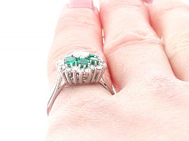 Vintage Emerald Flower Ring with Diamonds Wearing Close Up 