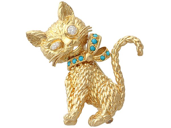 Gold Cat Brooch with Diamonds
