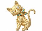 0.26ct Diamond and 0.16ct Turquoise, 18ct Yellow Gold Cat Brooch - Vintage Circa 1960