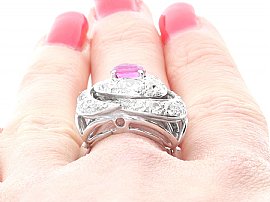 Vintage Pink Sapphire and Diamond Ring Wearing Close Up