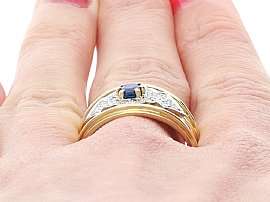 Vintage Sapphire and Diamond Ring Yellow Gold Wearing Close Up
