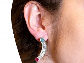 Curved Diamond and Gemstone Earrings Wearing