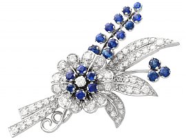 1.57ct Sapphire and 1.89ct Diamond, 18ct White Gold Brooch - Vintage Circa 1950